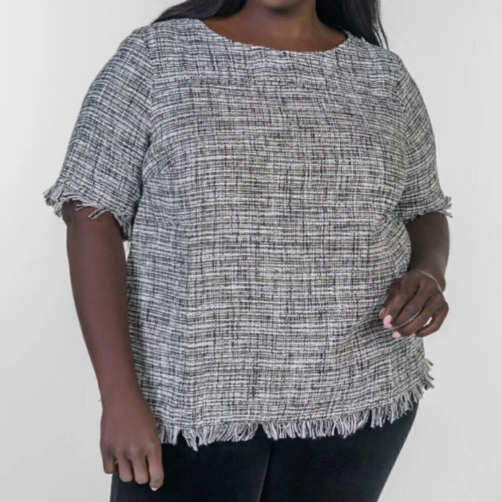 Maree Pour Toi Tweed Fringe Blouse Plus Black White NWT Workwear Business Top